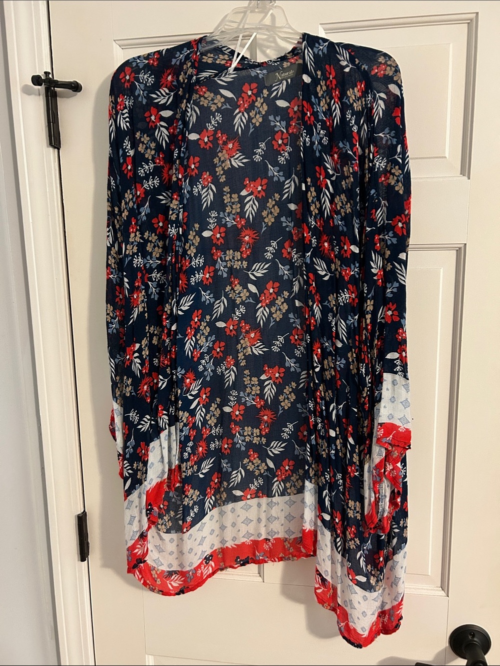 Floral lightweight kimono, navy, red, blue, white and tan colors. Good condition